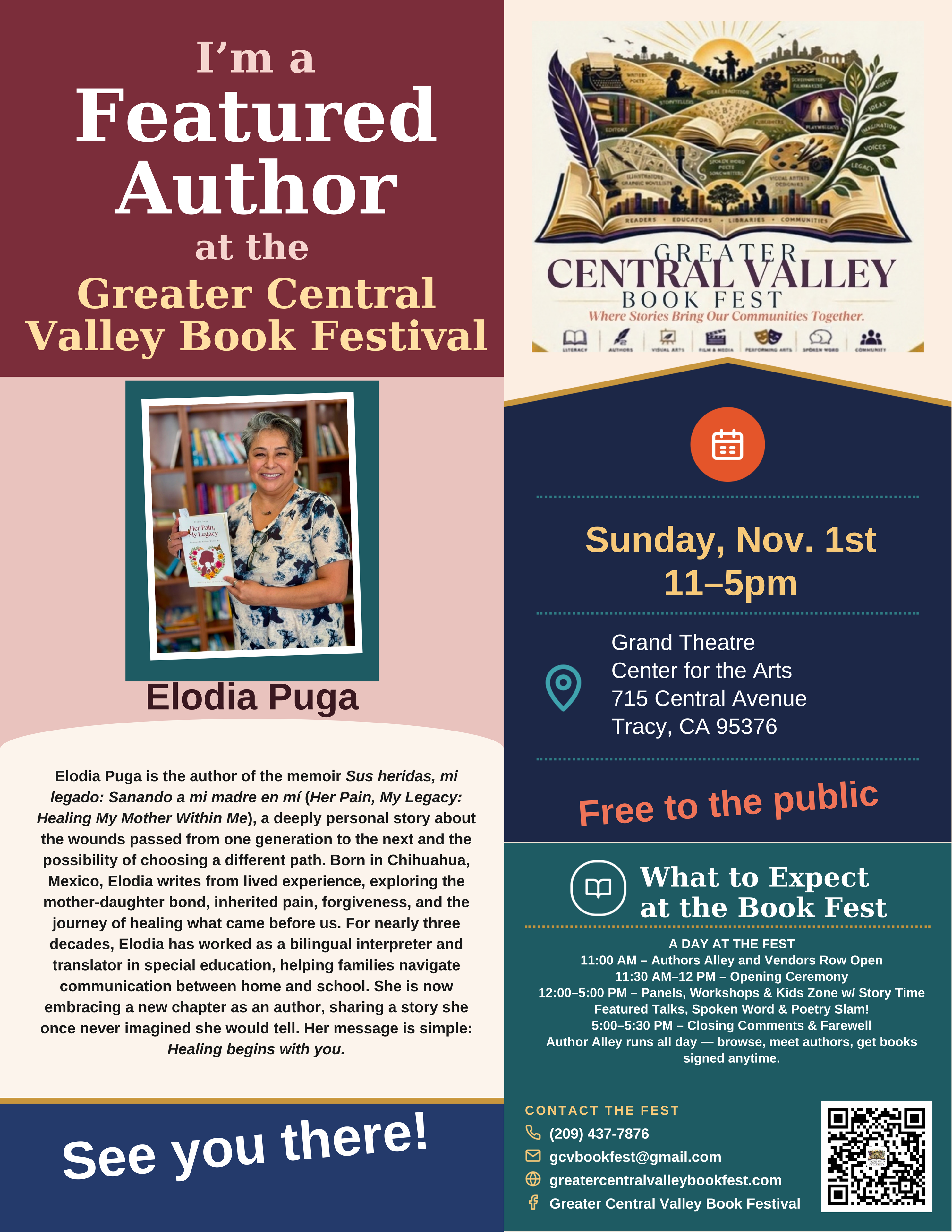 Elodia Puga — Featured Author placard, Greater Central Valley Book Fest