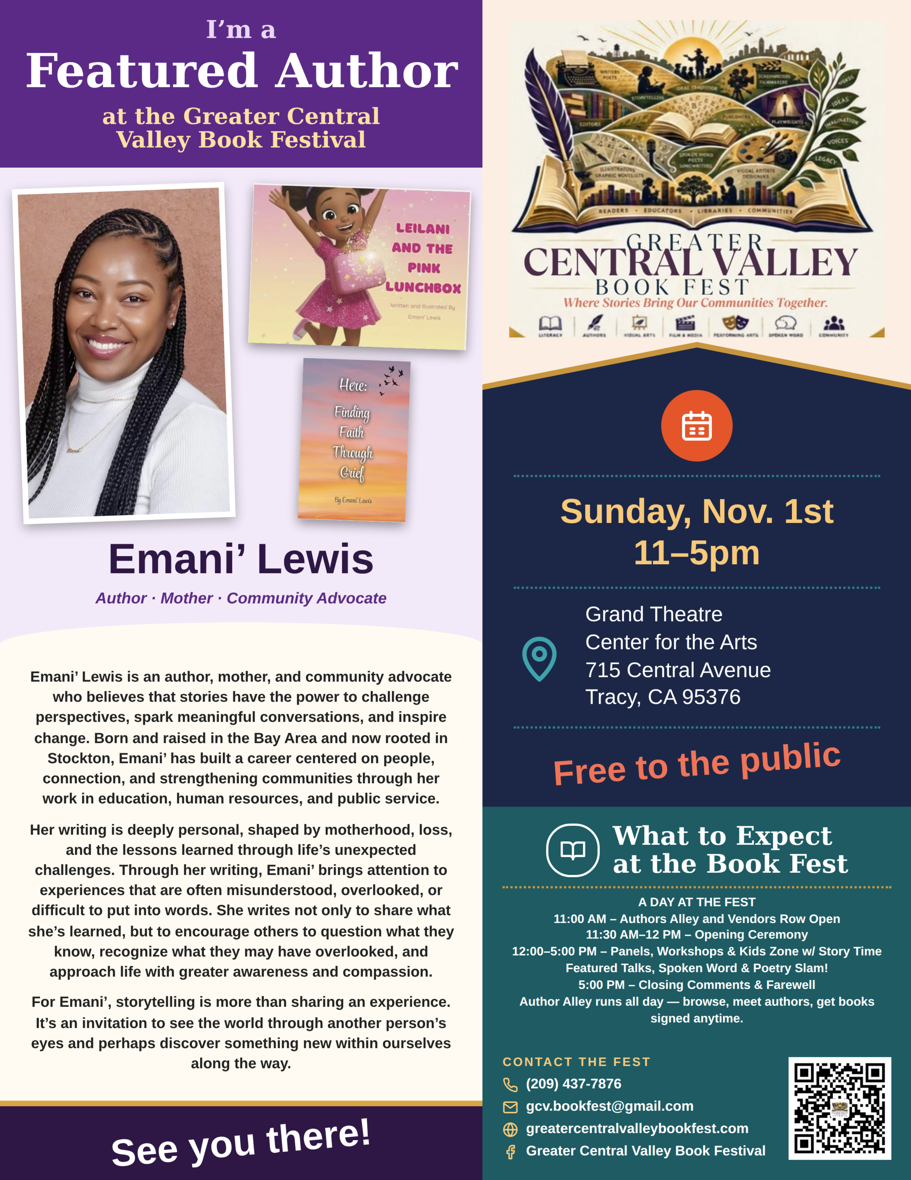 Emani' Lewis — Featured Author placard, Greater Central Valley Book Fest