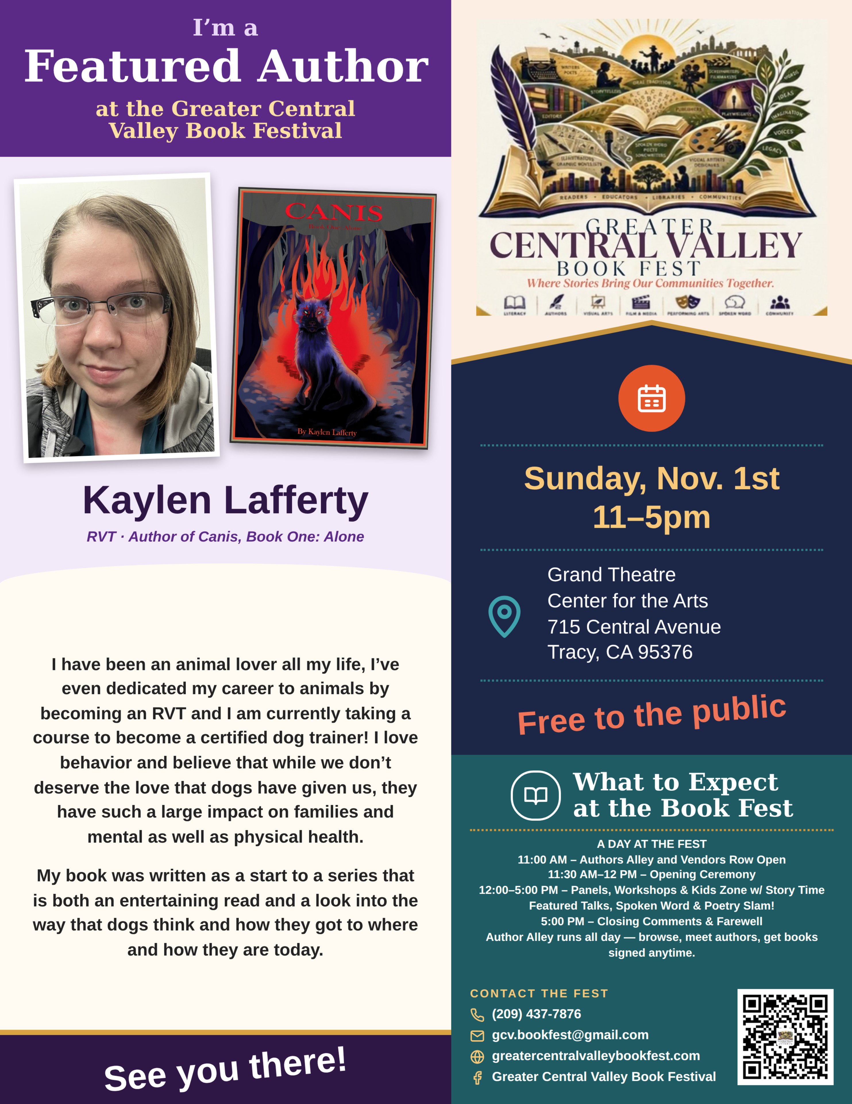 Kaylen Lafferty — Featured Author placard, Greater Central Valley Book Fest