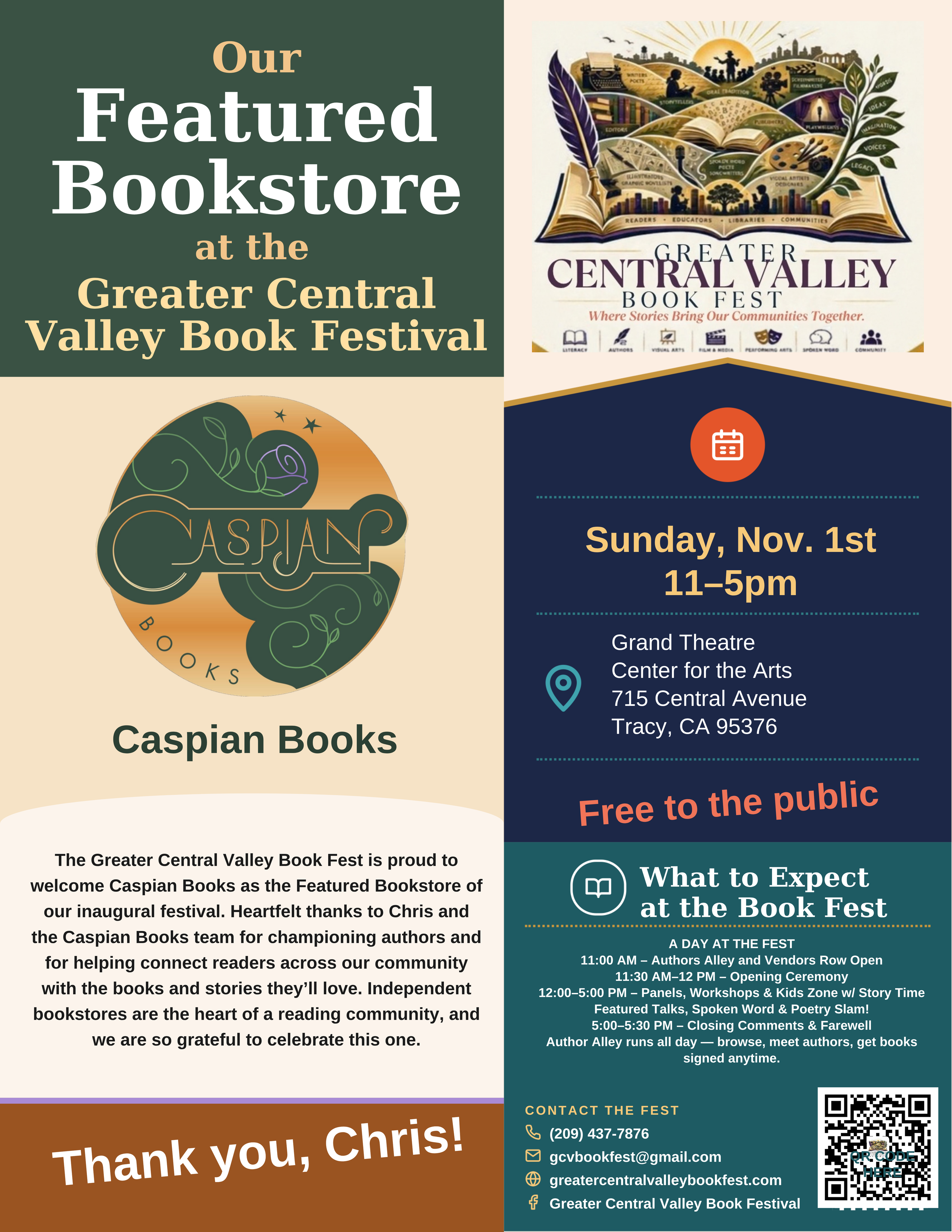 Caspian Books — Featured Bookstore placard, Greater Central Valley Book Fest
