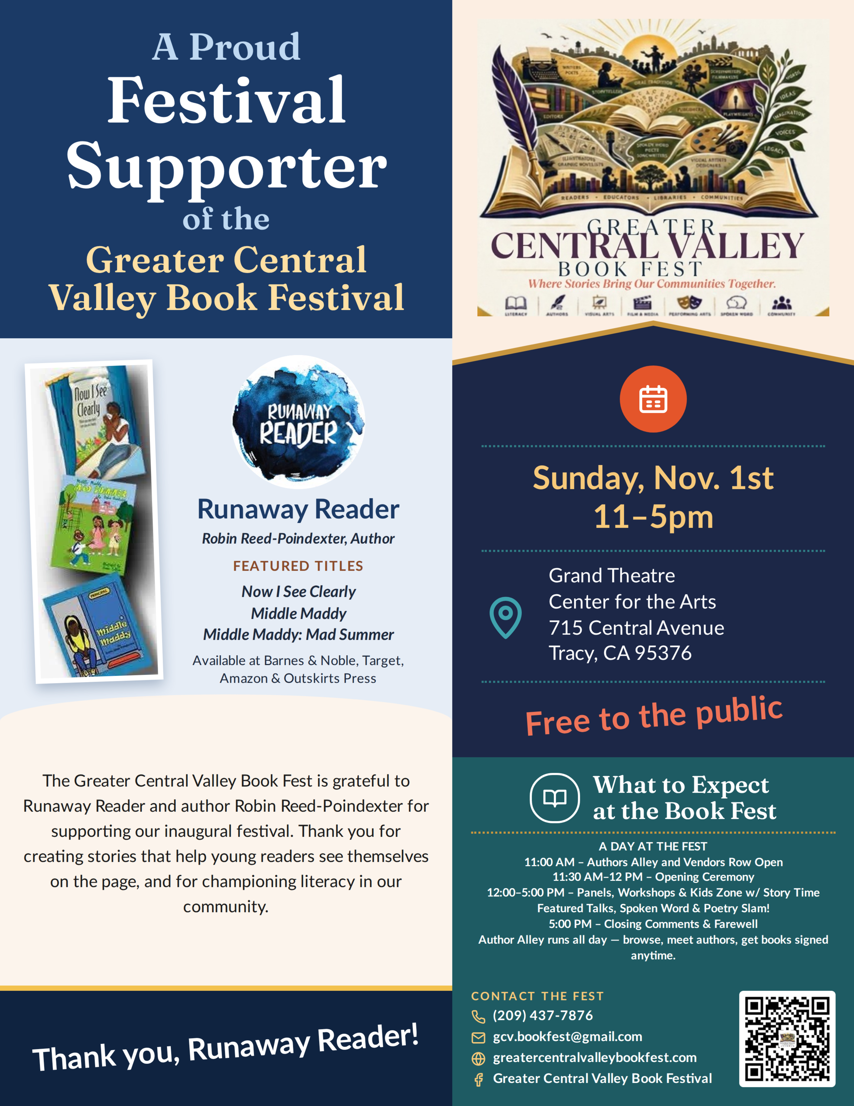Runaway Reader — Festival Supporter placard, Greater Central Valley Book Fest