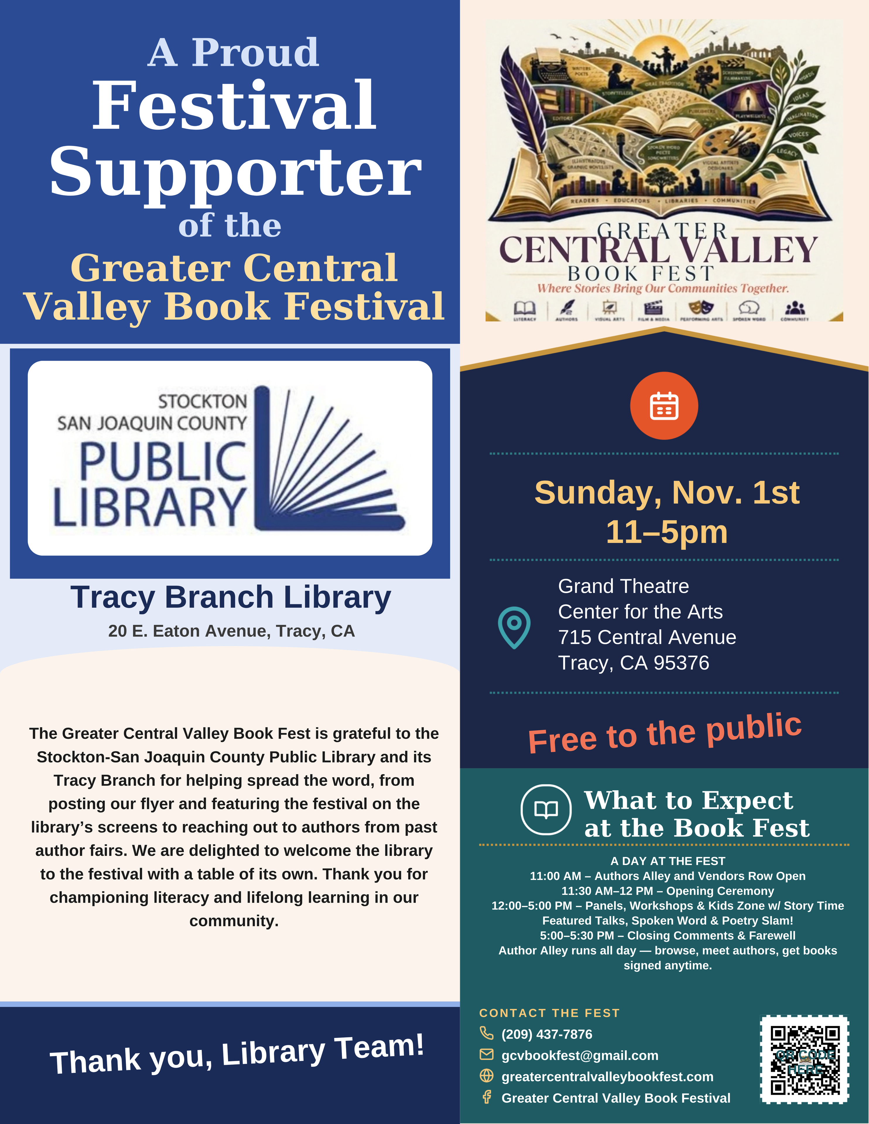 Stockton-San Joaquin County Public Library — Festival Supporter placard, Greater Central Valley Book Fest